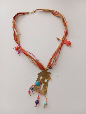 Handmade Boho Necklace with Bronze House and Silk Ribbon like new