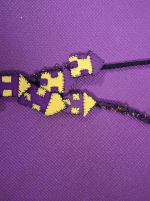 Necklace with handmade houses like new, purple and yellow