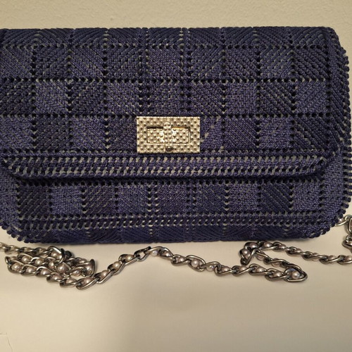 Handmade knitted shoulder bag used, blue with silver strap