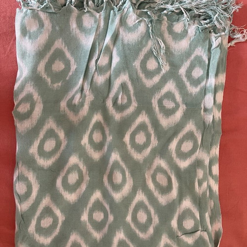 Pashmina scarf used, mint green and white with ikat pattern