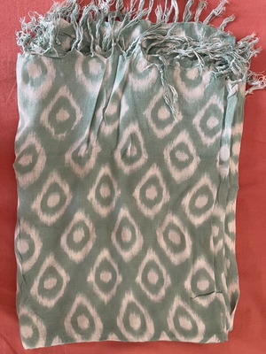 Pashmina scarf used, mint green and white with ikat pattern
