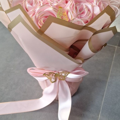 Handmade satin rose bouquet with tiara and golden butterflies
