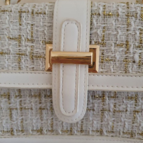 Crossbody bag like new with white tweed and gold accents