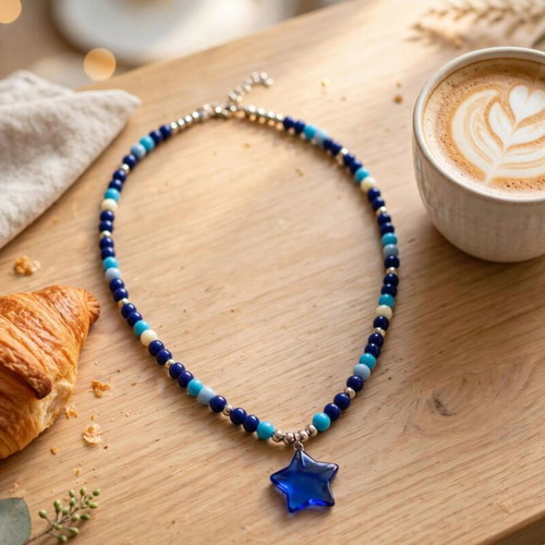 Handmade blue summer necklace and earrings set new