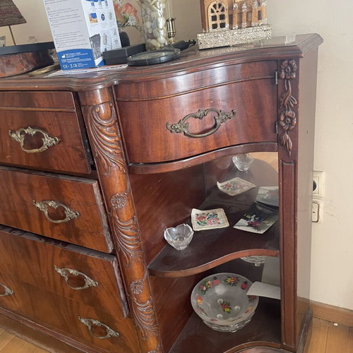 Vintage wooden chest of drawers with 4 drawers, brass handles, mahogany veneer