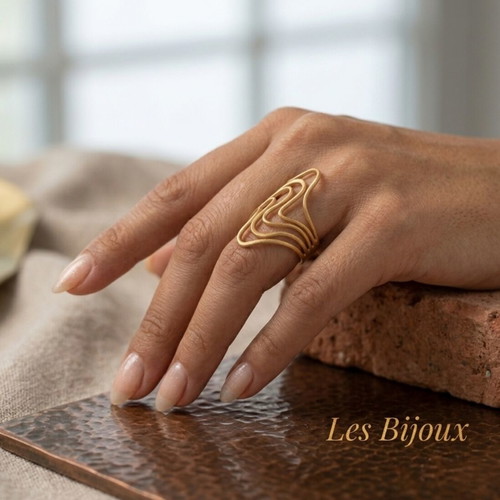 Steel Gold Wave Ring Adjustable by Les Bijoux