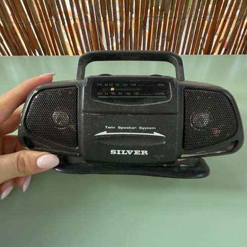 Vintage Silver Portable Radio used, 1990s boombox style