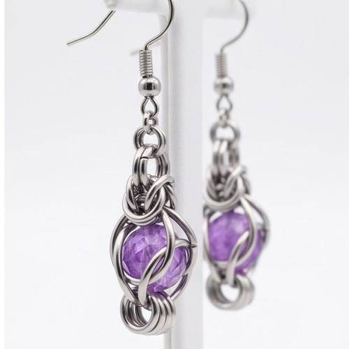 Earrings with Byzantine chainmail and purple stone, new stainless steel