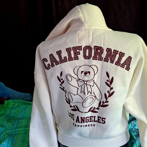 No Comment cropped white college hoodie with zipper and bear print, size M