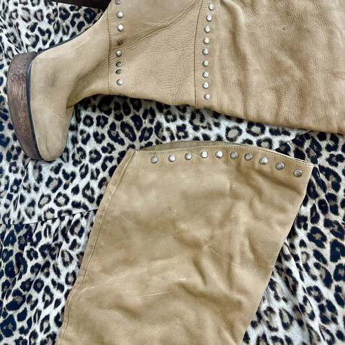 Leather knee-high boots with studs, beige, size 39