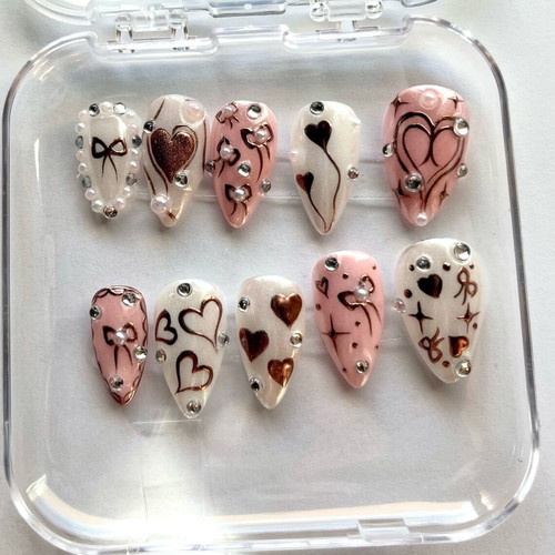 Press On Nails handmade pink and white with rose gold hearts