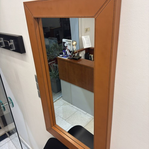 Wall mirror used with cognac leather frame