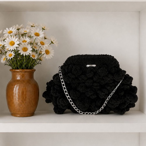 Puffy Pop Corn Handmade Bag Like New, Black, Medium Size