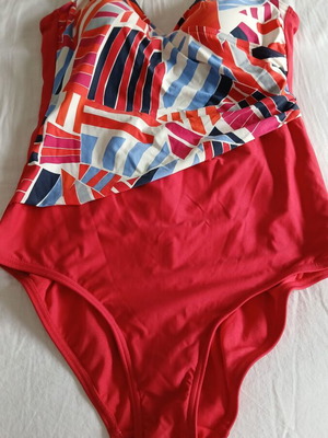 Marks & Spencer women's one-piece swimsuit new, size 14, red with colorful geometric patterns