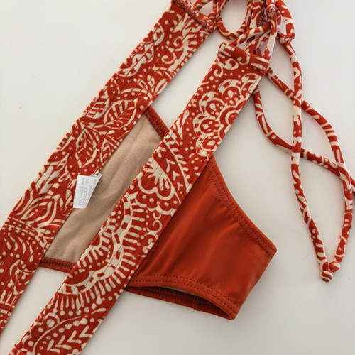 Very very small sexy bikini with triple side ties, white and orange