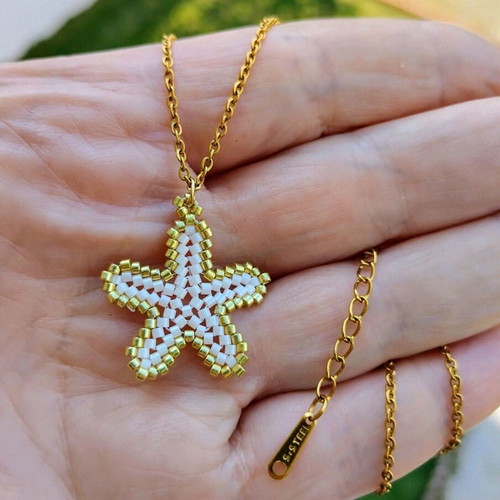 Steel starfish miyuki necklace made to order, beige and gold