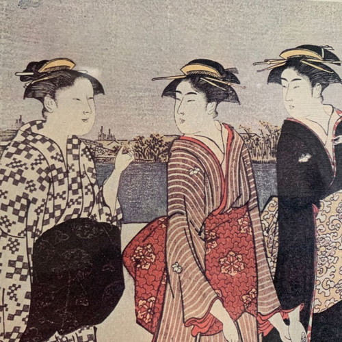 Japanese silk print used with geishas in wooden frame