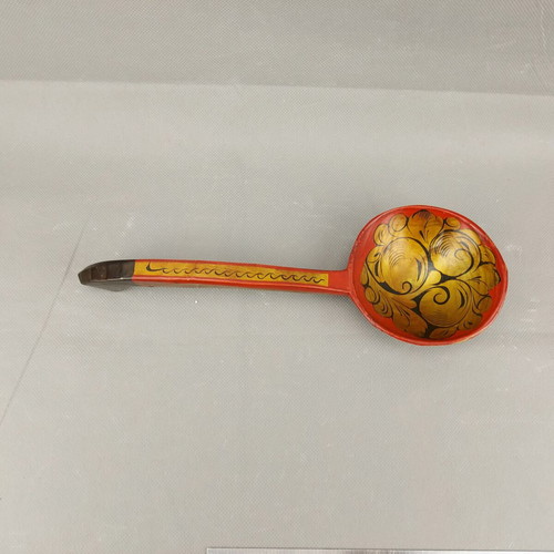 Old Hand-Painted Russian Wooden Serving Spoon Used with Khokhloma