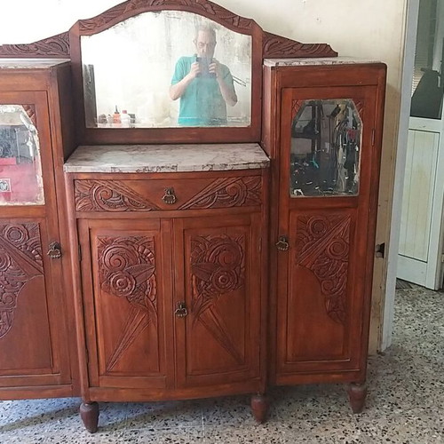Vintage buffet Art Deco 1930 with marble and mirrors used