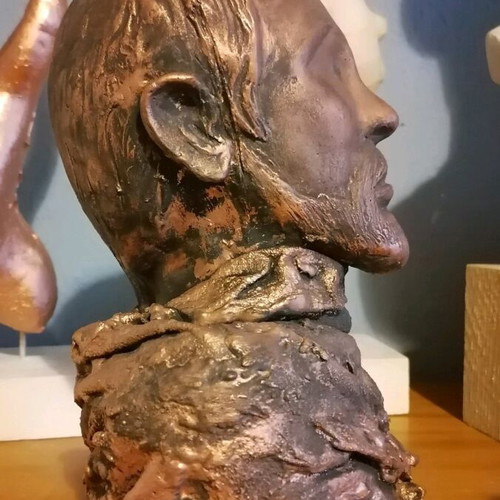 Handmade plaster sculpture with patina, figure with horns 25 cm