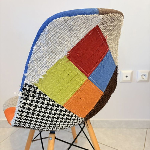 Patchwork fabric chair with wooden legs, used, vintage/scandi style