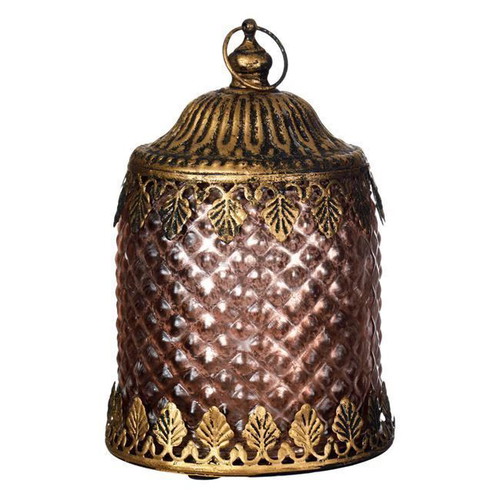 Decorative LED glass lantern dusty pink with embossed copper leaves