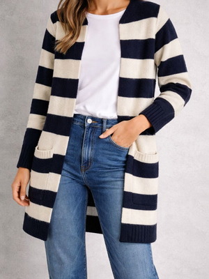 Atmosphere Longline Striped Cardigan Like New Navy & Cream