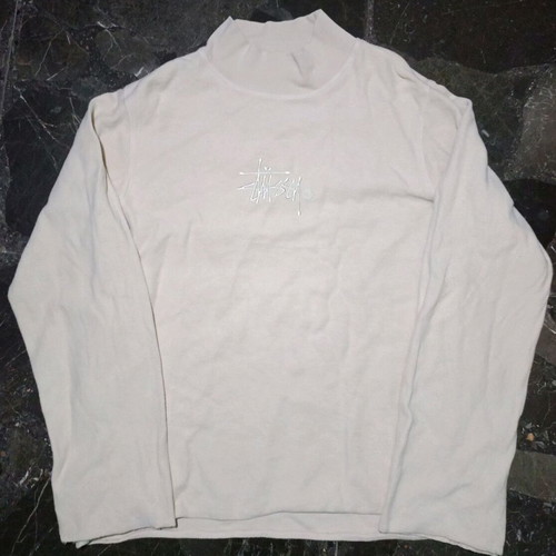 Unisex Stüssy cream mock neck sweatshirt used with embroidered logo