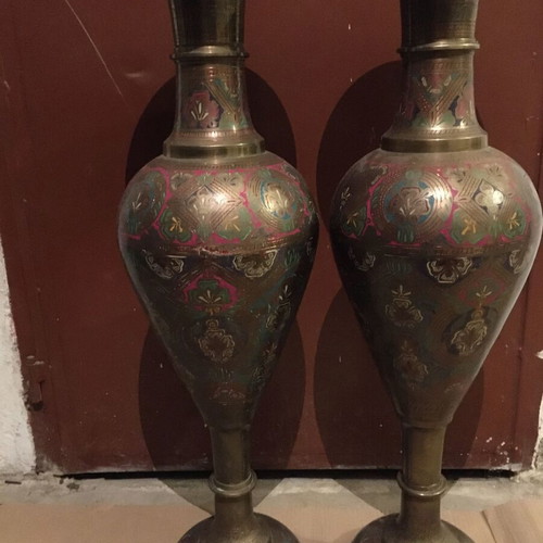 Floor vases used, pair of engraved metal