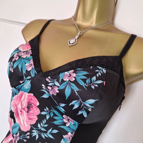 Floral dress black new, size 36/38, satin with lace trim