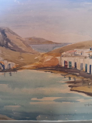 Watercolor painting used by Lambros Providas, Greek island landscape 50x70cm