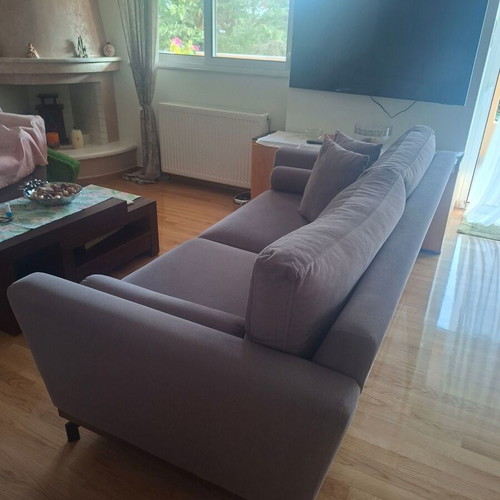 Factory Sofa 3-seater sofa, dark beige fabric, walnut wood finish