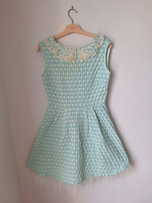 Joymiss Vintage Mint Dress with Polka Dots and Lace Collar like new