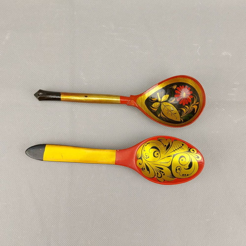 Old Hand-Painted Set of Two Russian Khokhloma Wooden Spoons Used