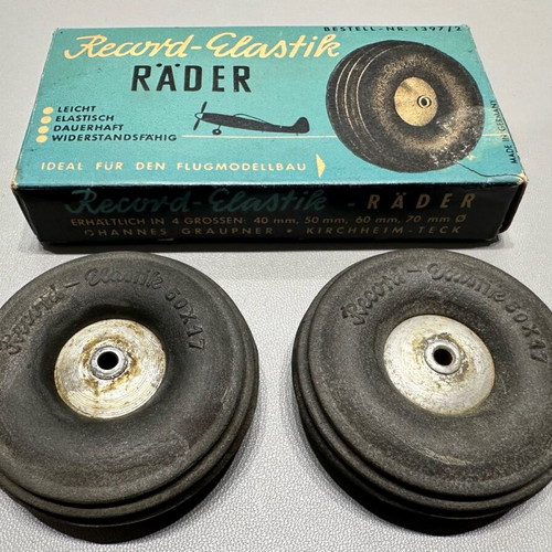 Vintage Record - Elastic model aircraft tires used, Graupner 1960s