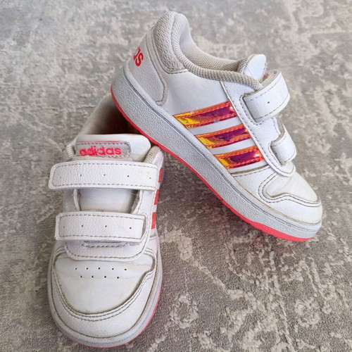 Adidas athletic shoes used, size 24, white and orange