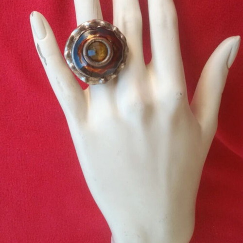 Vintage stainless steel ring with enamel and citrine gemstone like new