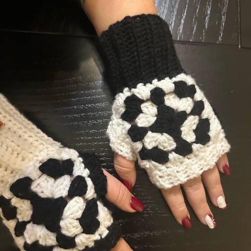 Knitted handmade fingerless gloves black and white with granny square design made to order