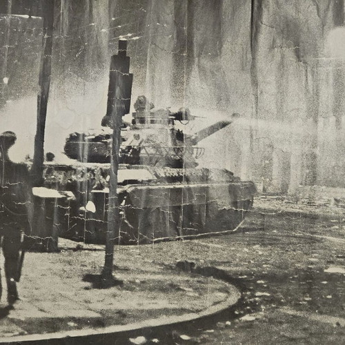 Poster with tanks outside Polytechnic used, 1970s decade