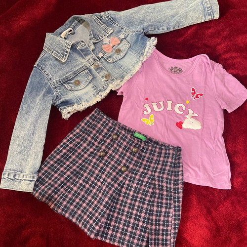 Baby clothing set for girl 18-24 months, checked skirt, pink top and denim bolero with fringes like new