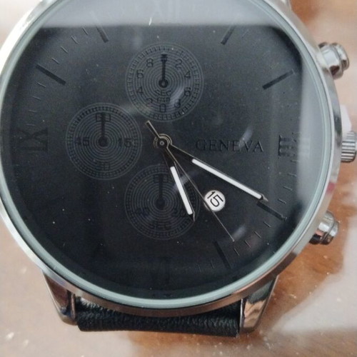 Geneva wristwatch with date, quartz mechanism, black