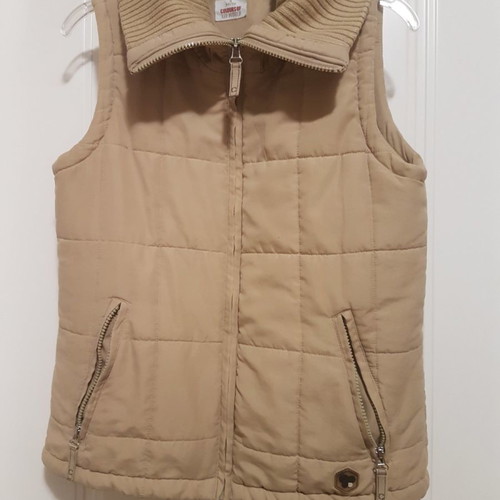 Sleeveless jacket used, beige, with stand-up collar, size S
