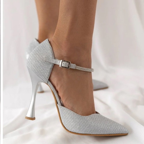 Silver high heels with ankle strap, size 41