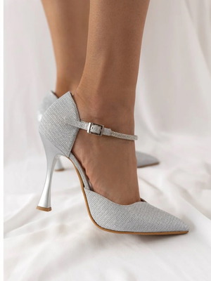 Silver high heels with ankle strap, size 41