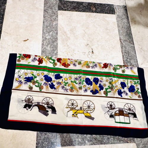 Mantero vintage silk scarf with antique carriages and colorful floral motifs