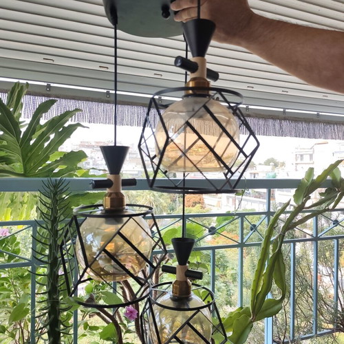 Metal three-light pendant ceiling lamp with geometric cage shades
