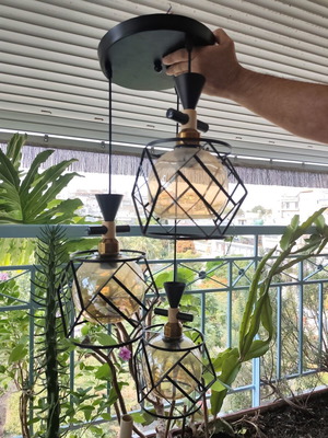 Metal three-light pendant ceiling lamp with geometric cage shades