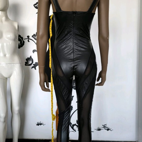 One-piece black jumpsuit with sheer panels and elastic leather, new XS