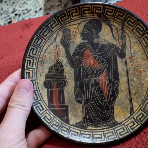 Decorative plate of ancient Greek warrior used, plaster, 18 cm