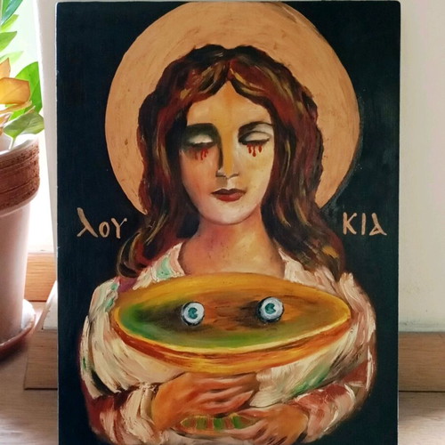 Authentic oil painting Santa Lucia on wood panel like new